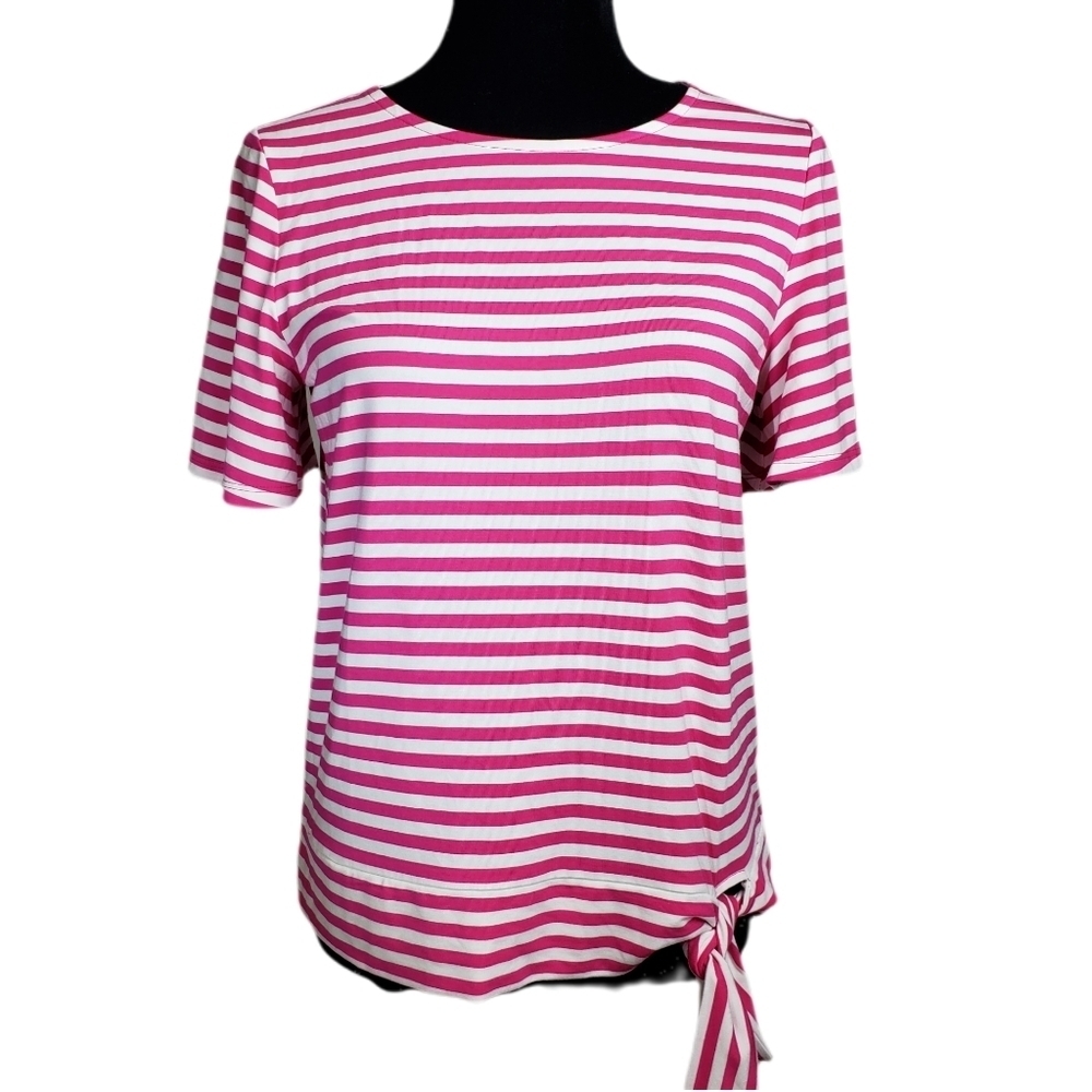 ✅ Talbots tie hem detail pink white strip T-shirt Petits M